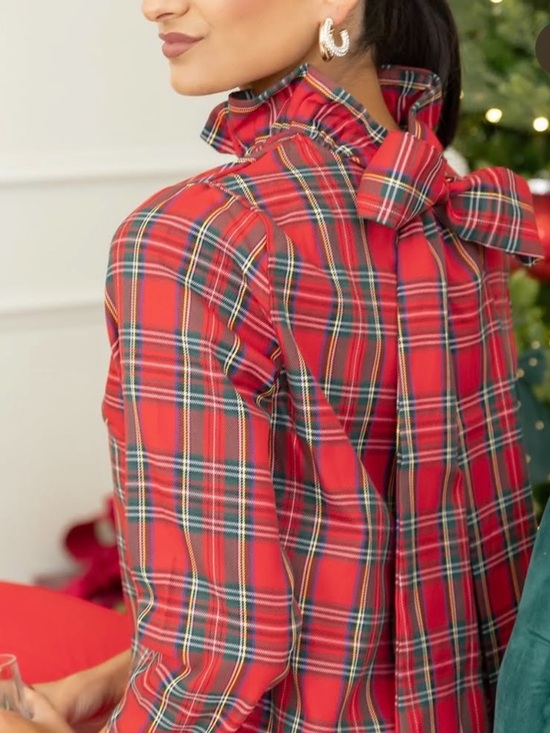 Tops - Tartan Red -Sz L- Plaid Bow Back Top